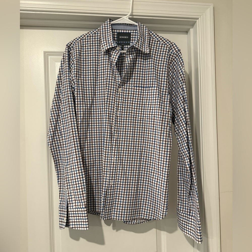 Bonobos Men's Blue and Maroon Checkered Shirt